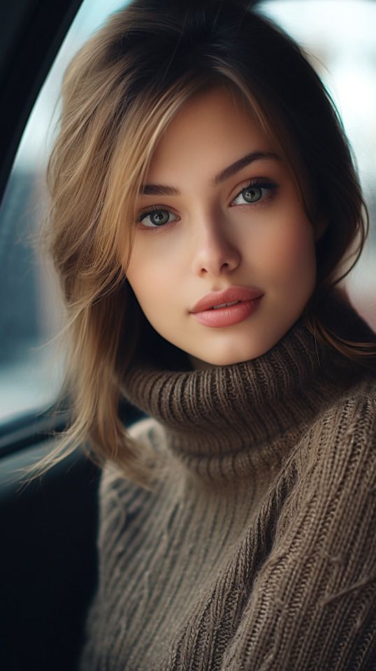 a woman in a car wearing a turtle neck sweater and looking at the camera with a serious look on her face