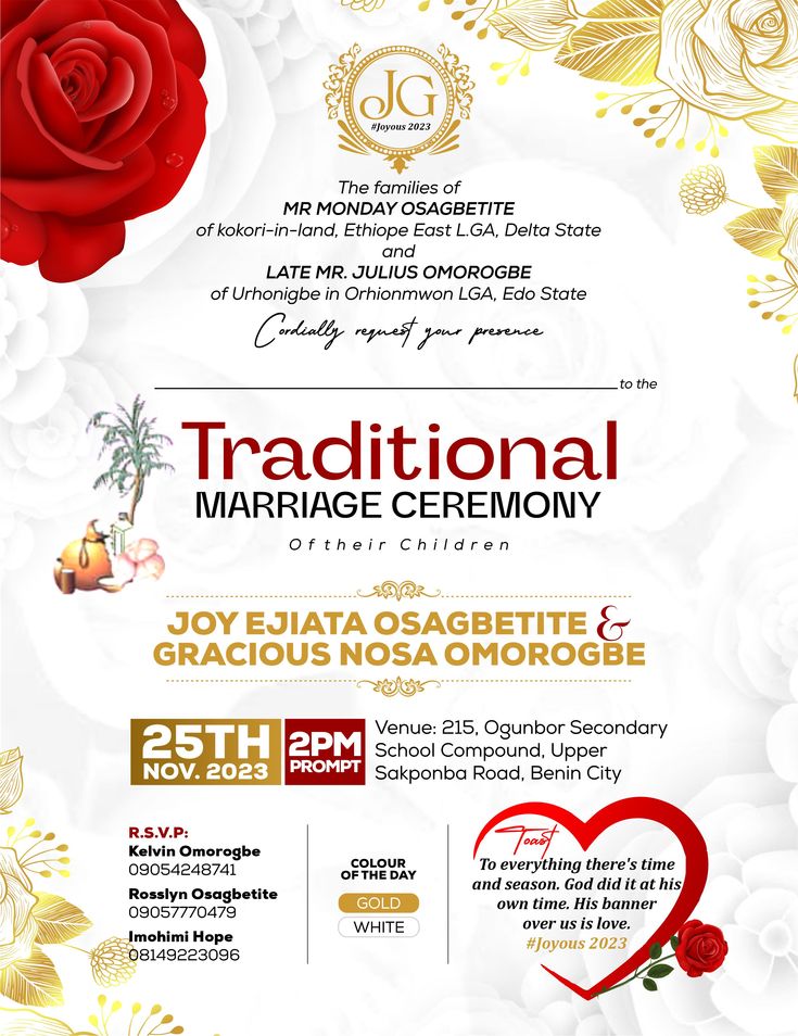 the poster for traditional marriage ceremony with red roses and gold leaves on white paper background