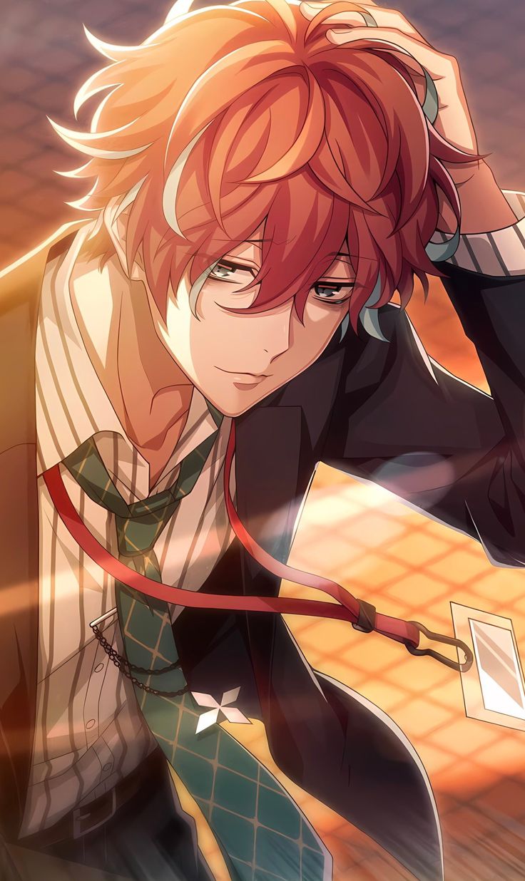 an anime character with red hair is holding his head in one hand and looking at the camera