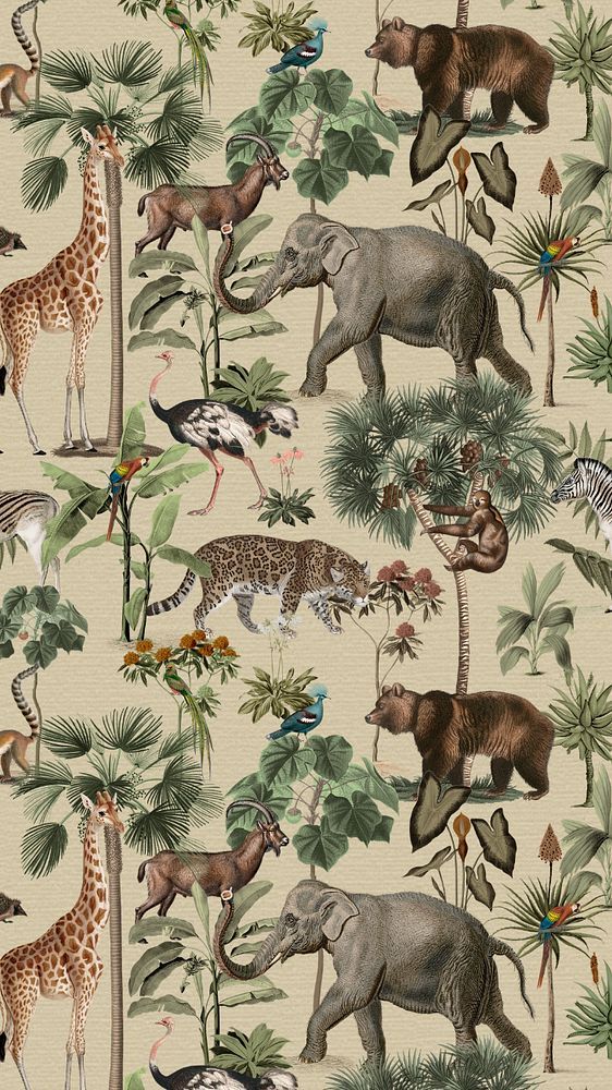 an animal themed wallpaper with many different animals