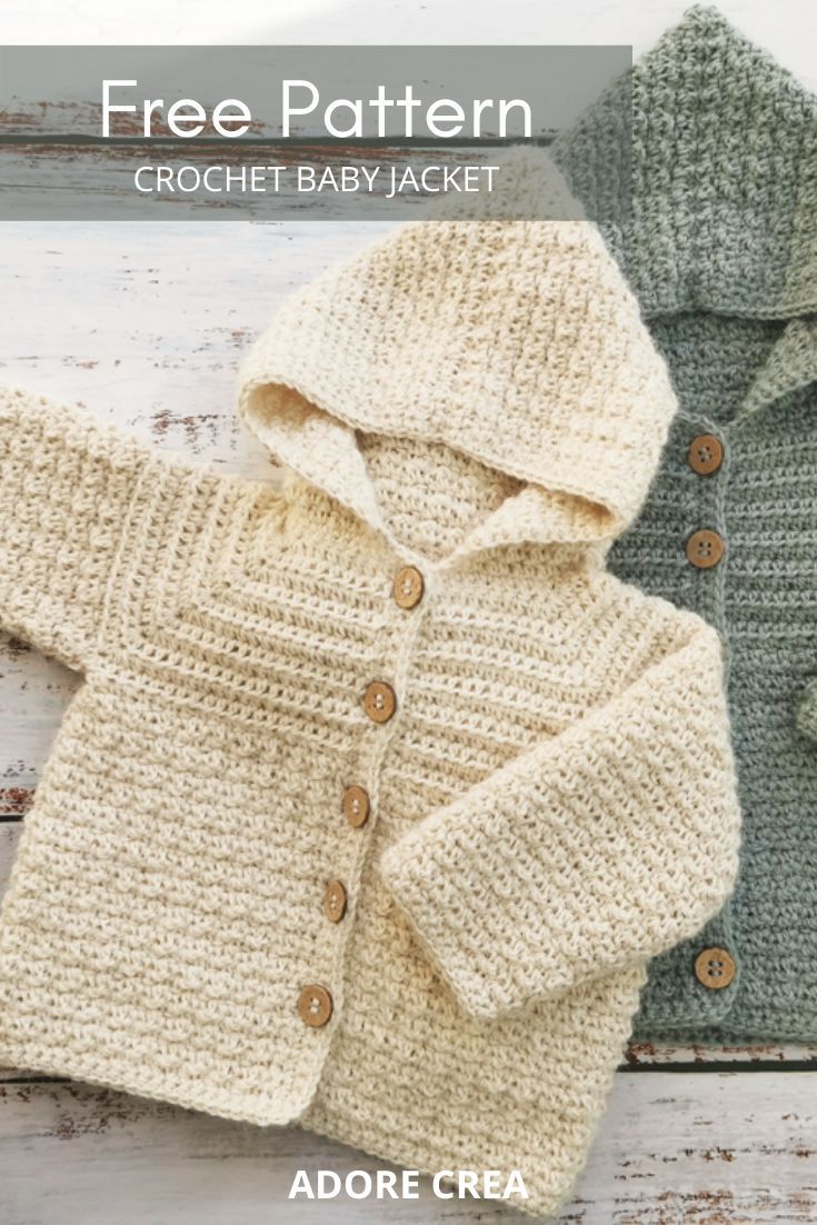 two knitted sweaters with buttons on them and the text, free pattern crochet baby jacket