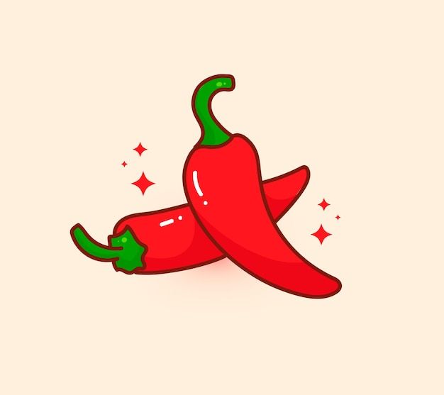 two red chili peppers with green tops on a beige background, one is facing the opposite direction