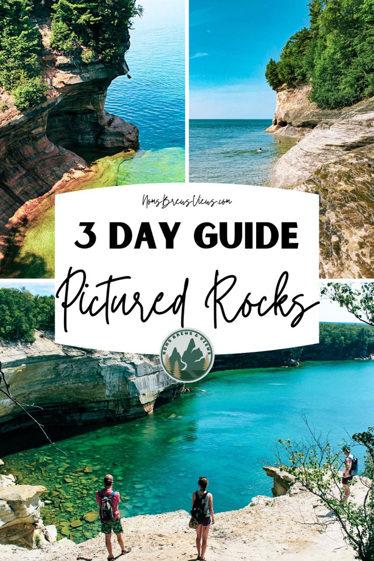 three photos with the words 3 day guide featured rocks in front of water and trees