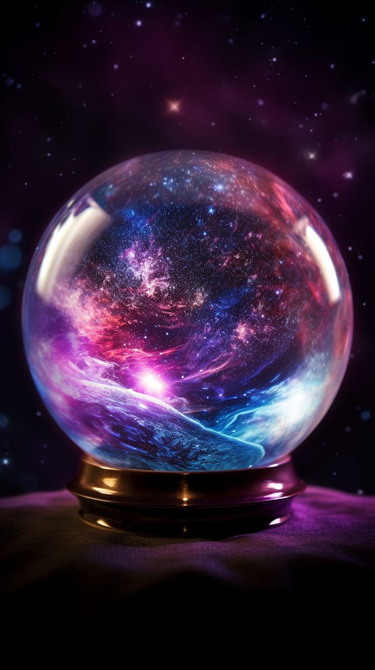 Magical Crystal Ball Crystal Ball Magic, Prediction Aesthetic, Magic Ball Aesthetic, Magical Crystal Ball, Galaxy Crystal Ball, Magic Crystal Ball Art, Pendulum Wallpaper, Purple Crystal Aesthetic, Crystal Wallpaper Aesthetic