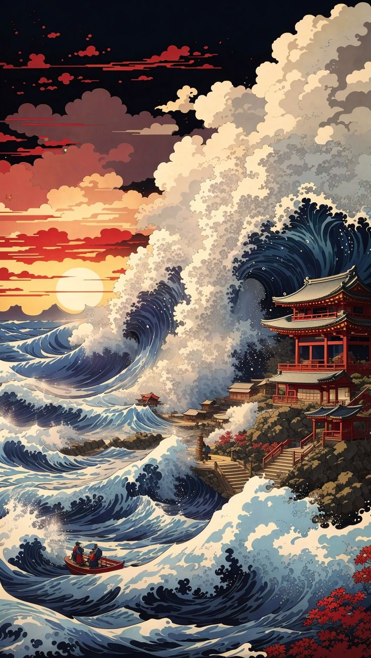 Japan Ocean Art, Hokusai Wallpaper Iphone, Wallpaper Backgrounds Japanese Aesthetic, Anime Waves Wallpaper, Japanese Wave Wallpaper Iphone, The Great Wave Off Kanagawa Aesthetic, Japanese Ocean Wallpaper, Japanese Background Wallpapers, Katsushika Hokusai Wallpaper