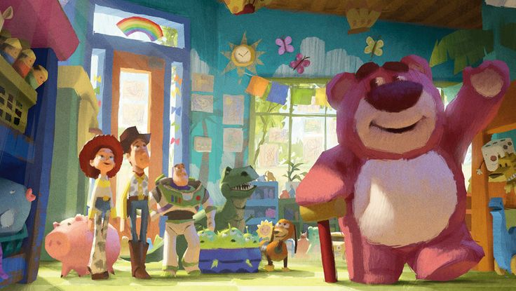 an animated bear is standing in the middle of a children's room with other characters