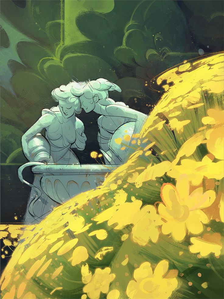 a painting of a man sitting in a bowl with yellow flowers on the ground next to him