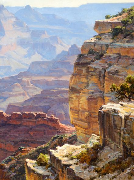 an oil painting of the grand canyon with trees on it's cliffs and cliffs