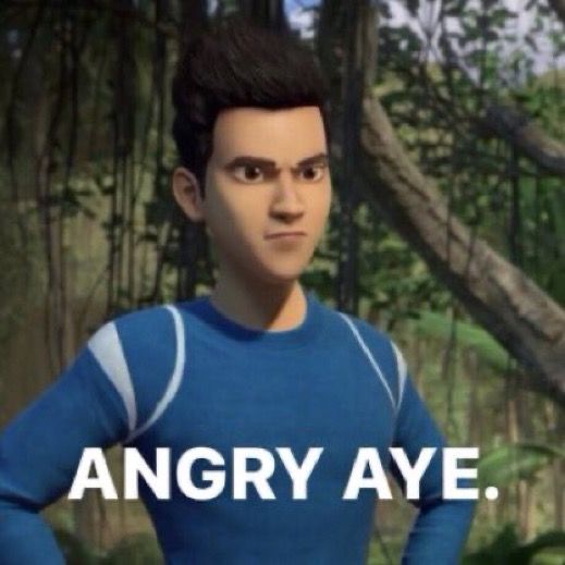 an animated man in a blue shirt with the words angry aye on it's chest