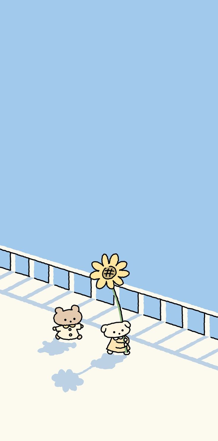 two cartoon characters walking across a bridge with a flower in the foreground and another character holding a yellow flower