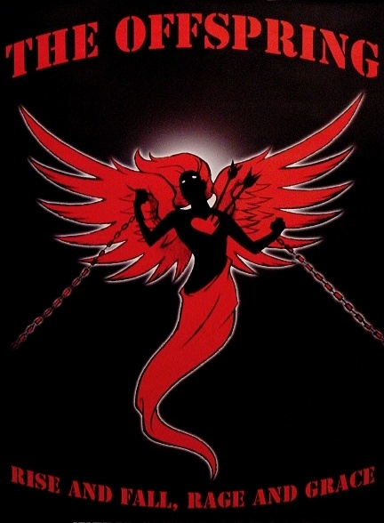 the offspring logo on a black shirt with red wings and chains hanging from it's chest