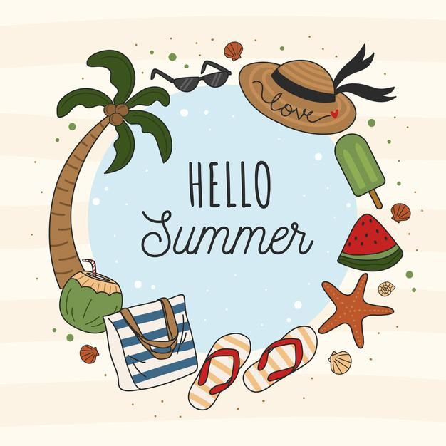 the words hello summer are surrounded by beach items and palm trees on a white background