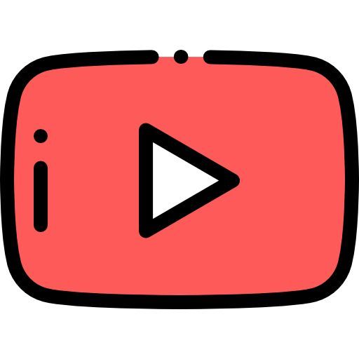 a red and black play button on a white background