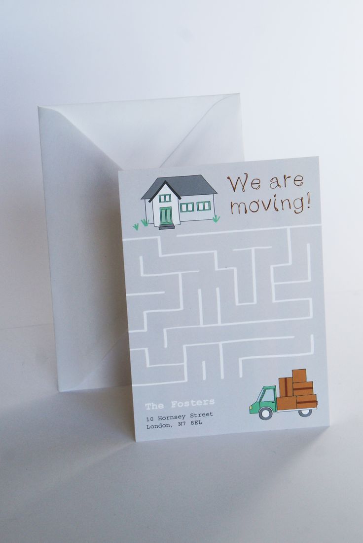 a greeting card with a moving truck and house in the background that says we are moving