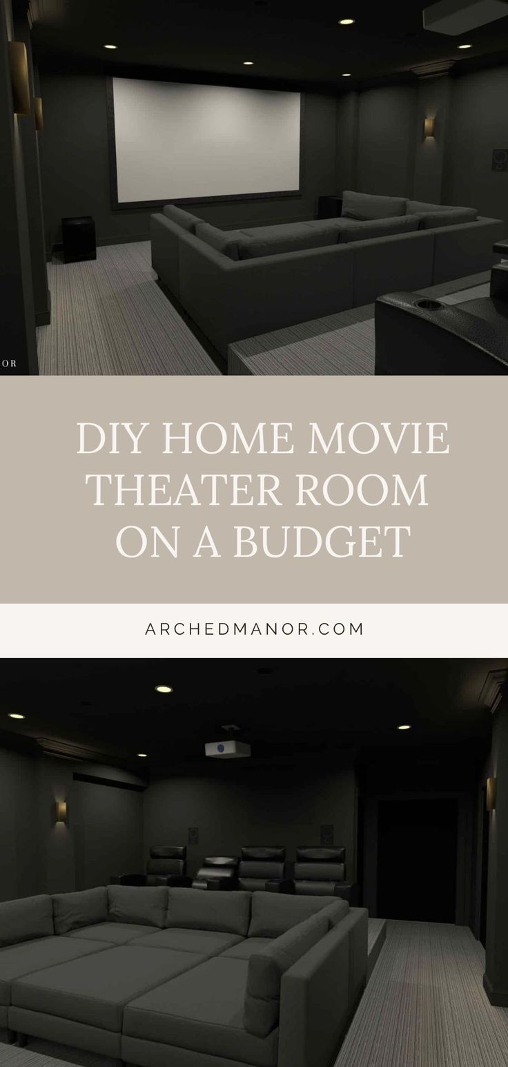 an empty theater room with couches in it and the words diy home movie theater room on a budget