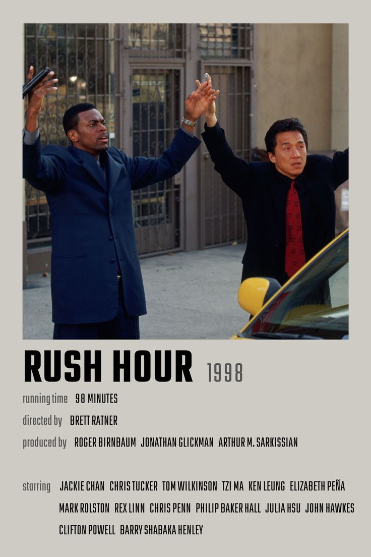 the movie rush hour is shown with two men in suits and ties, one holding his hands up