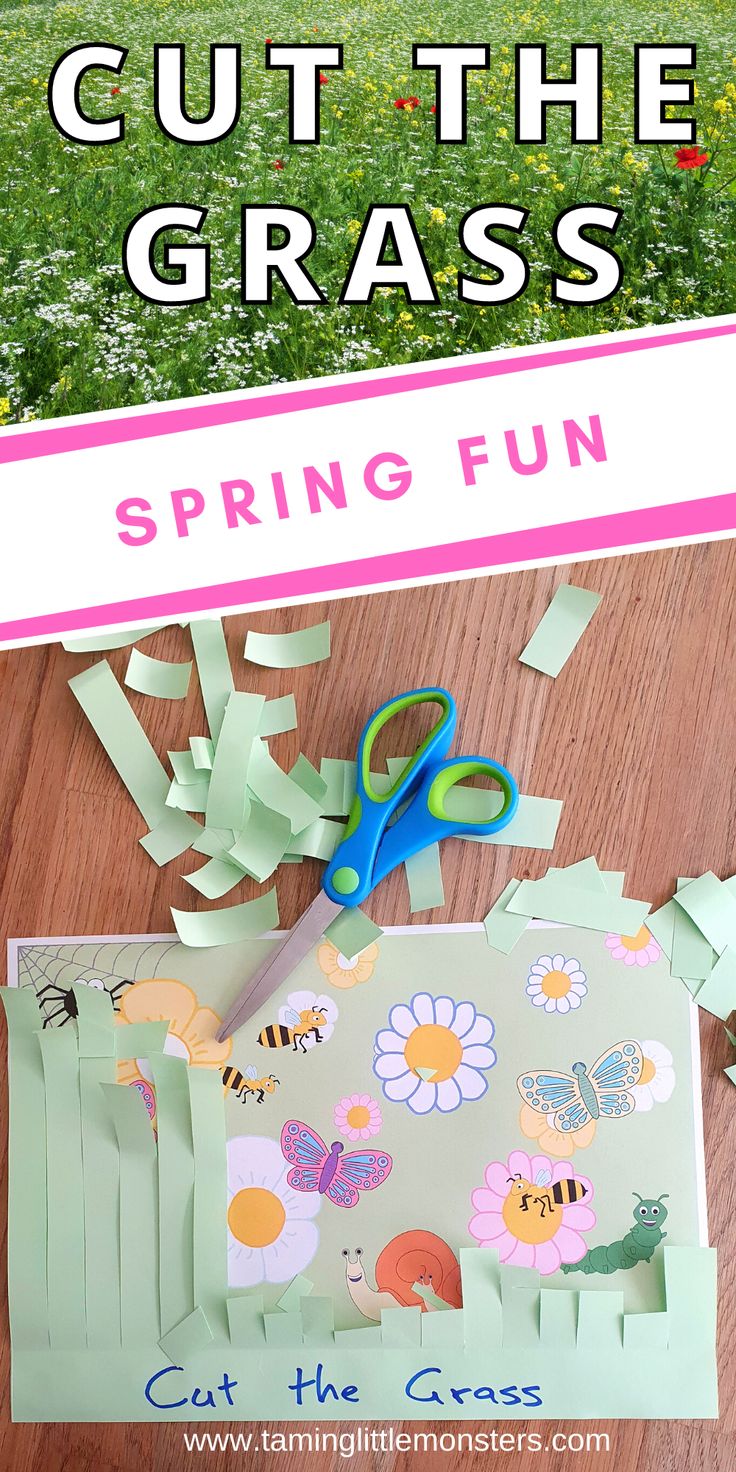 cut the grass spring fun craft for kids to make with paper and scissors on a wooden table