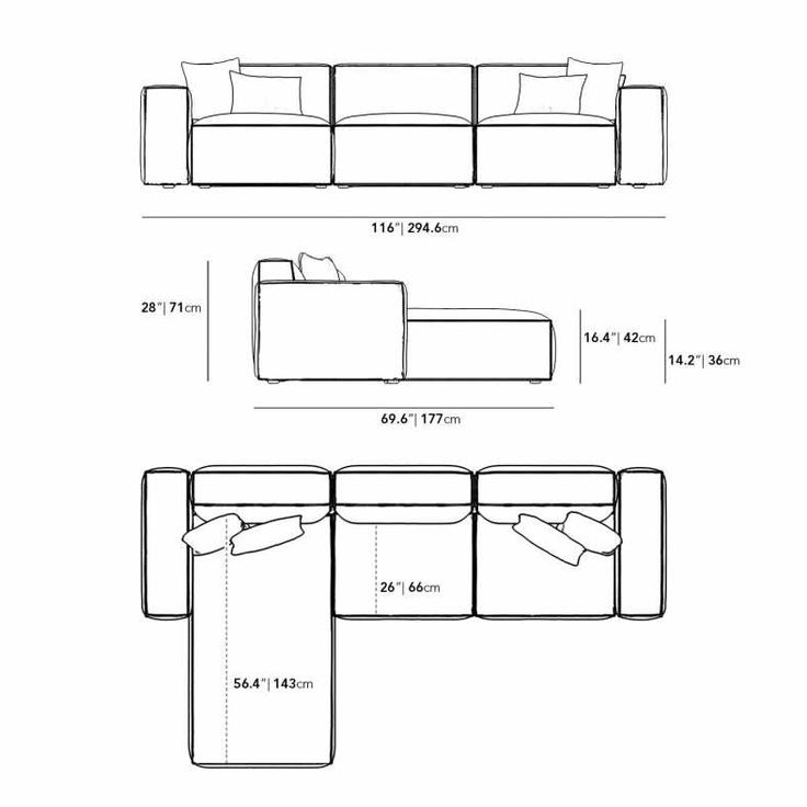 a drawing of a couch and ottoman with measurements for the seat height, from top to bottom