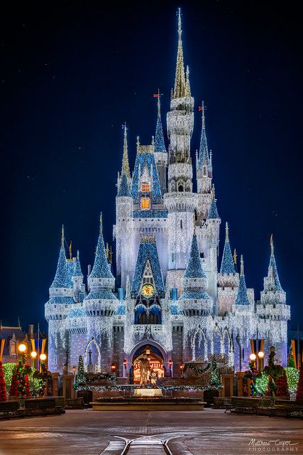 the castle is lit up at night for christmas