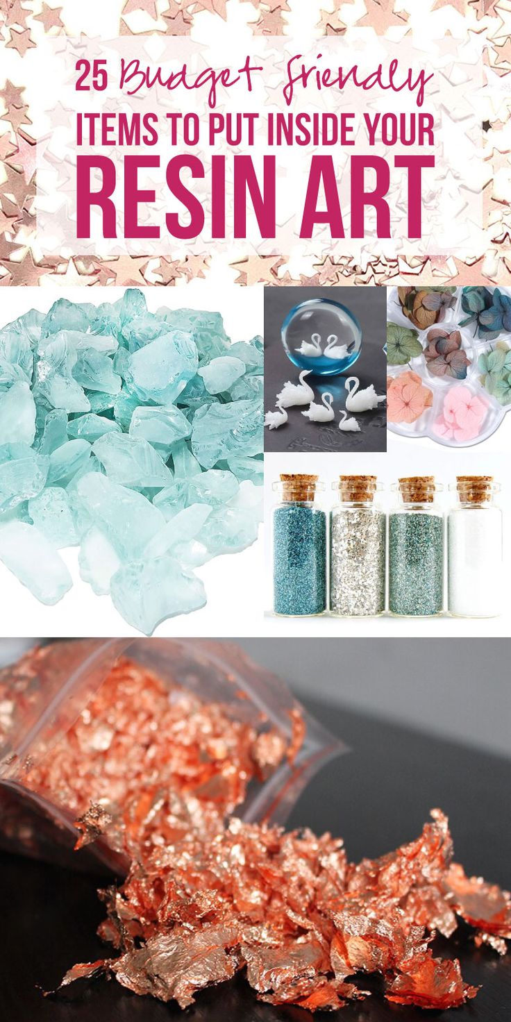 some pink and blue glitters are on display with the words 25 budget - free items to put inside your resin art
