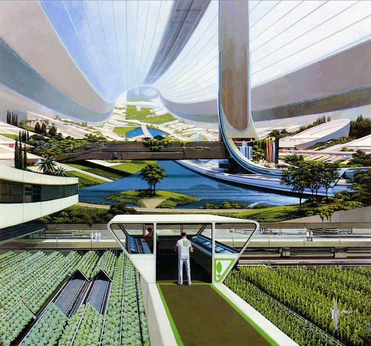 an artist's rendering of a futuristic city with green plants growing in the ground