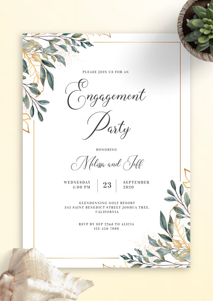 an elegant engagement party with greenery and gold foil on the front, in white paper