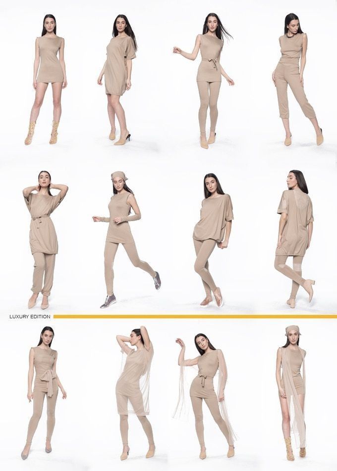 the woman is dressed in all beige poses for photoshoots and shows off her slender figure