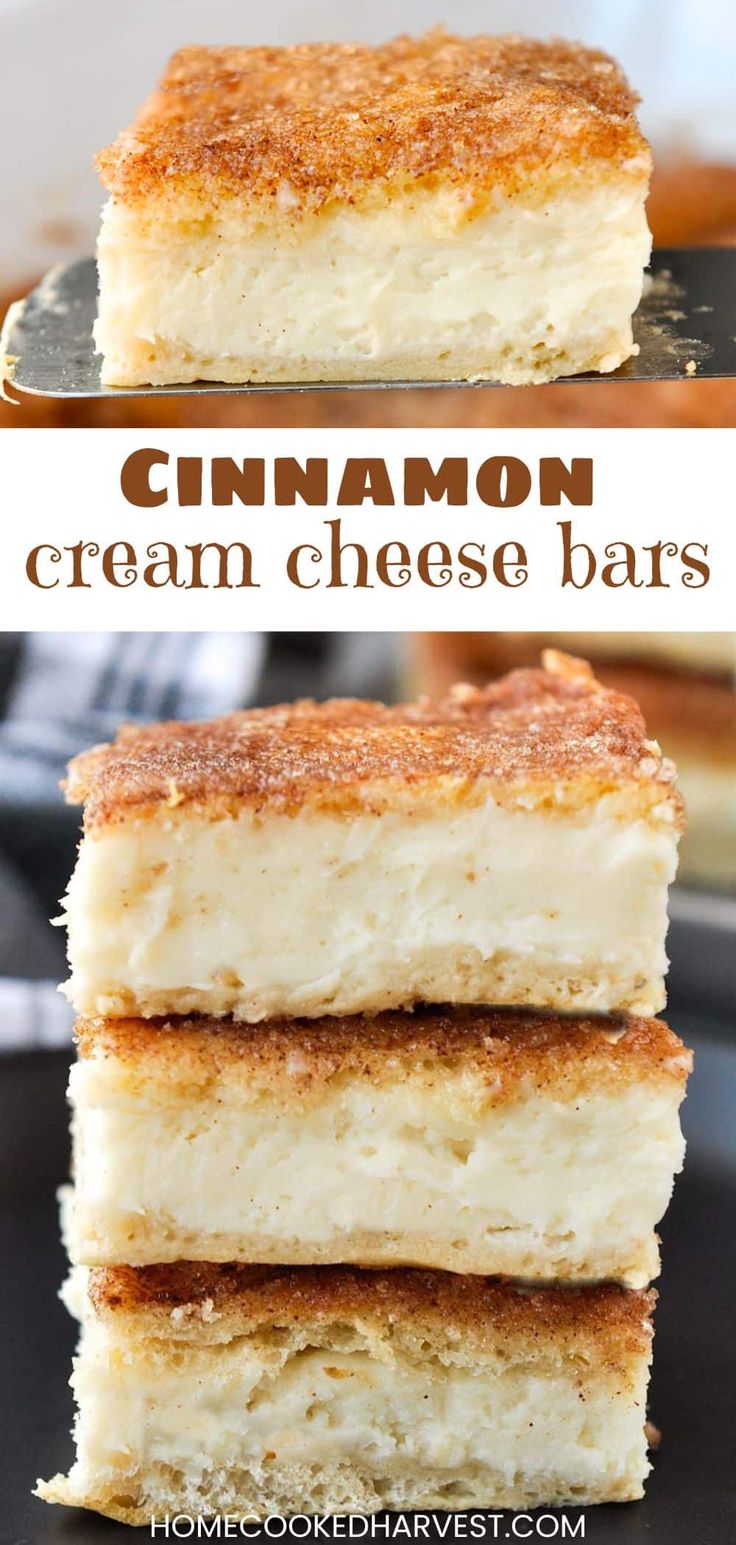 three pieces of cinnamon cream cheese bars stacked on top of each other with text overlay