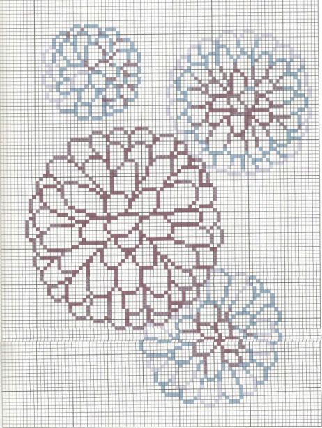 two cross - stitch designs with blue and white flowers on them, one is in the middle