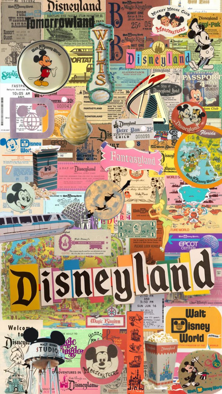 the word disneyland is surrounded by many different images