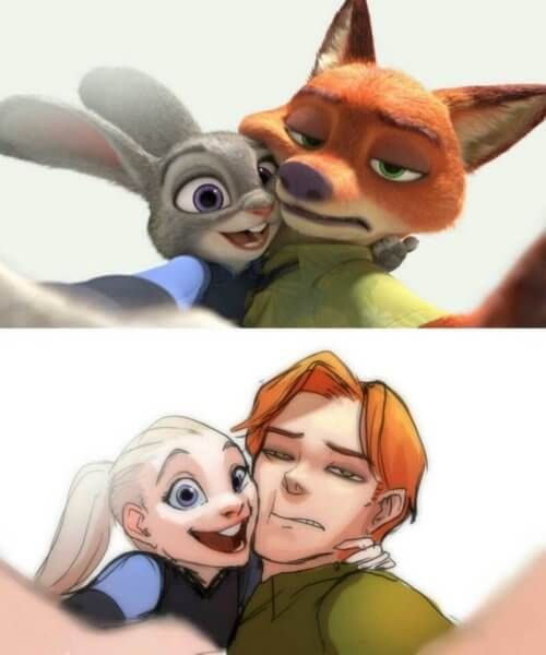 two cartoon characters one with an orange hair and the other with blue eyes, hugging each other