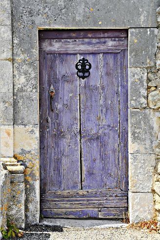 an old wooden door is shown in front of a stone building with a plant growing out of it