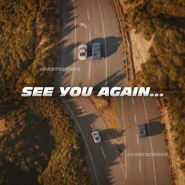 two cars driving down a road with the words see you again