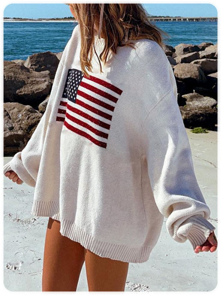 Flag Sweater Outfit, Pullover Outfit, American Flag Sweater, Sweater Layering, Sweater Oversize, Comfortable Sweater, Stylish Sweaters, Drop Shoulder Sweaters, Sleeves Clothing