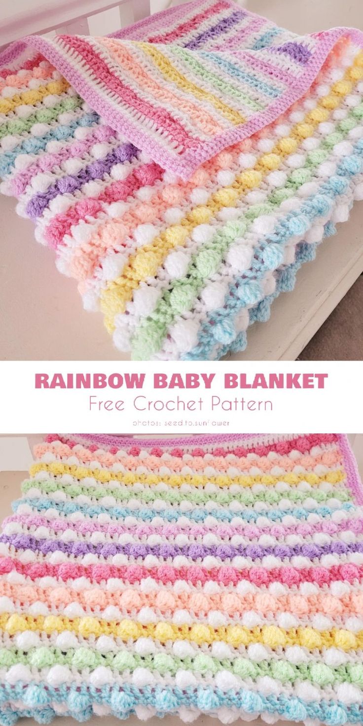 a crocheted baby blanket is shown with the text rainbow baby blanket free crochet pattern