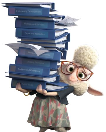 a cartoon sheep carrying stacks of books on it's back