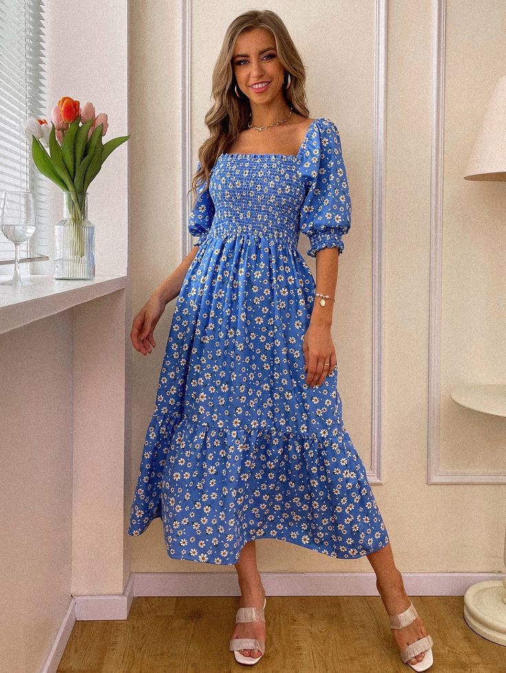 Party Wear Western Dresses, Vestido Shein, Maxi Vestidos, Shein Brasil, Bohemian Minimalist, Gaun Fashion, Ditsy Floral Dress, Simple Summer, Square Neck Dress