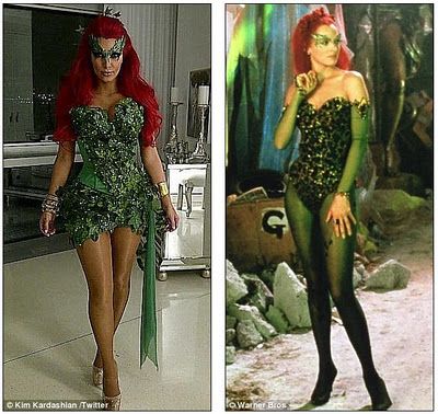 two pictures of the same woman in different costumes, one with red hair and green bodysuit