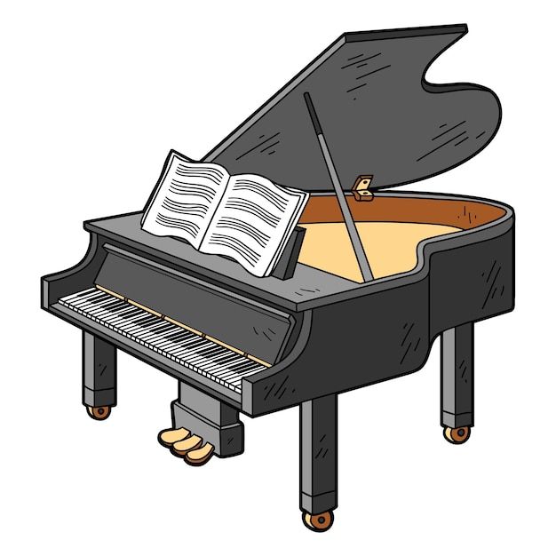 a cartoon piano with an open book on it's top and the keys missing