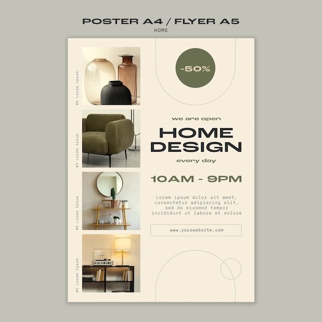 a poster for a home design show with different furniture and decor items on the wall