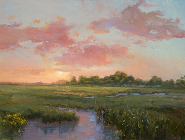 an oil painting of a sunset over a marsh