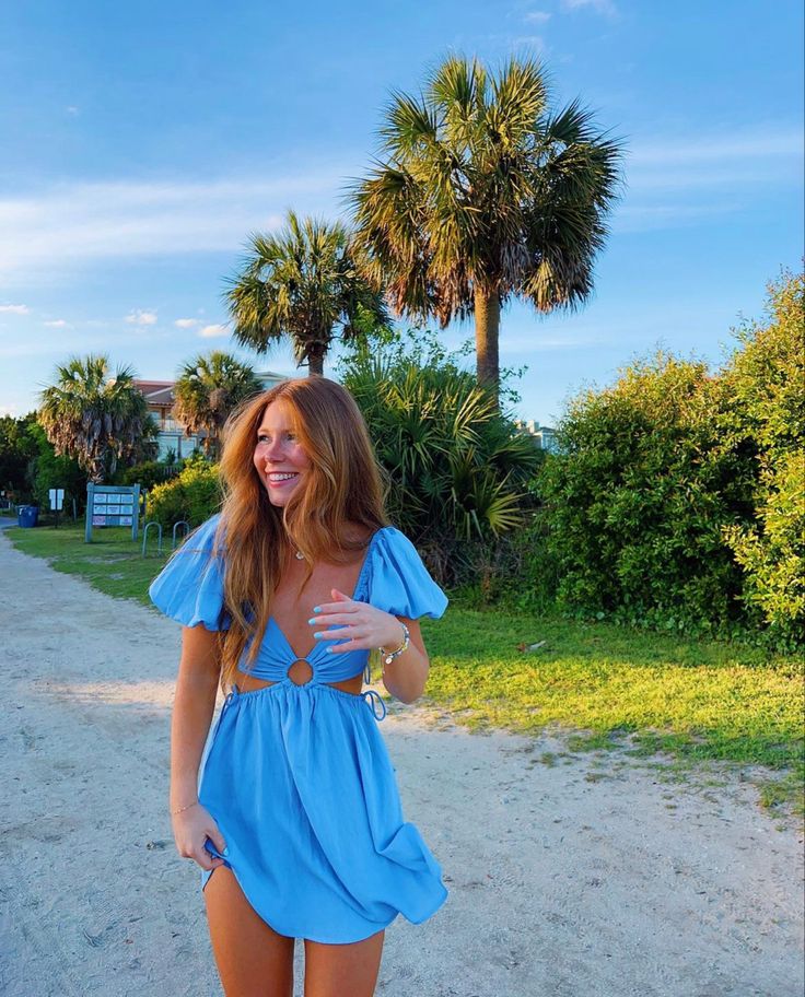 Dinner Outfit Inspo Summer, Preppy Summer Skirt, Bahamas Dresses Summer Outfits, Long Sleeve Blue Mini Dress, Dresses For Formal Night On Cruise, Cute Dresses For The Beach, Beach Blue Outfit, Cute Dresses For Vacation, Summer Dress Pictures