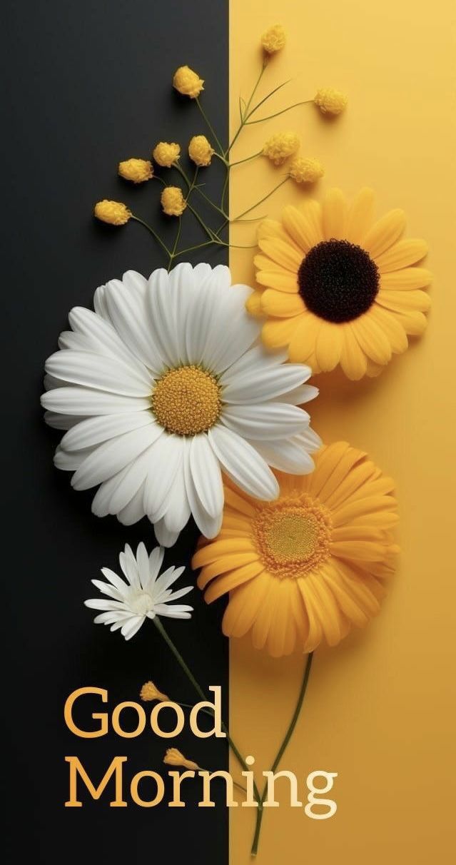 some flowers are sitting on a yellow and black striped background with the words good morning have a good day