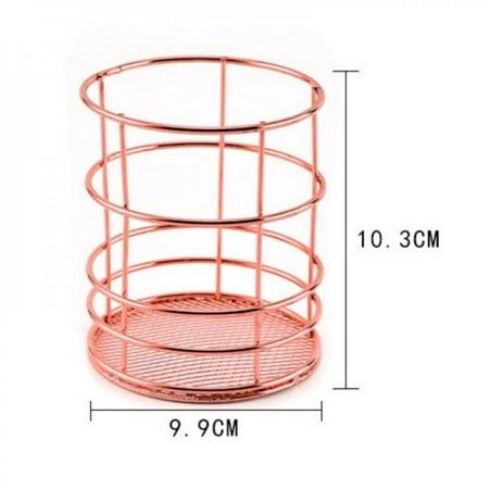 a pink metal wire basket on a white background with measurements for the size and width