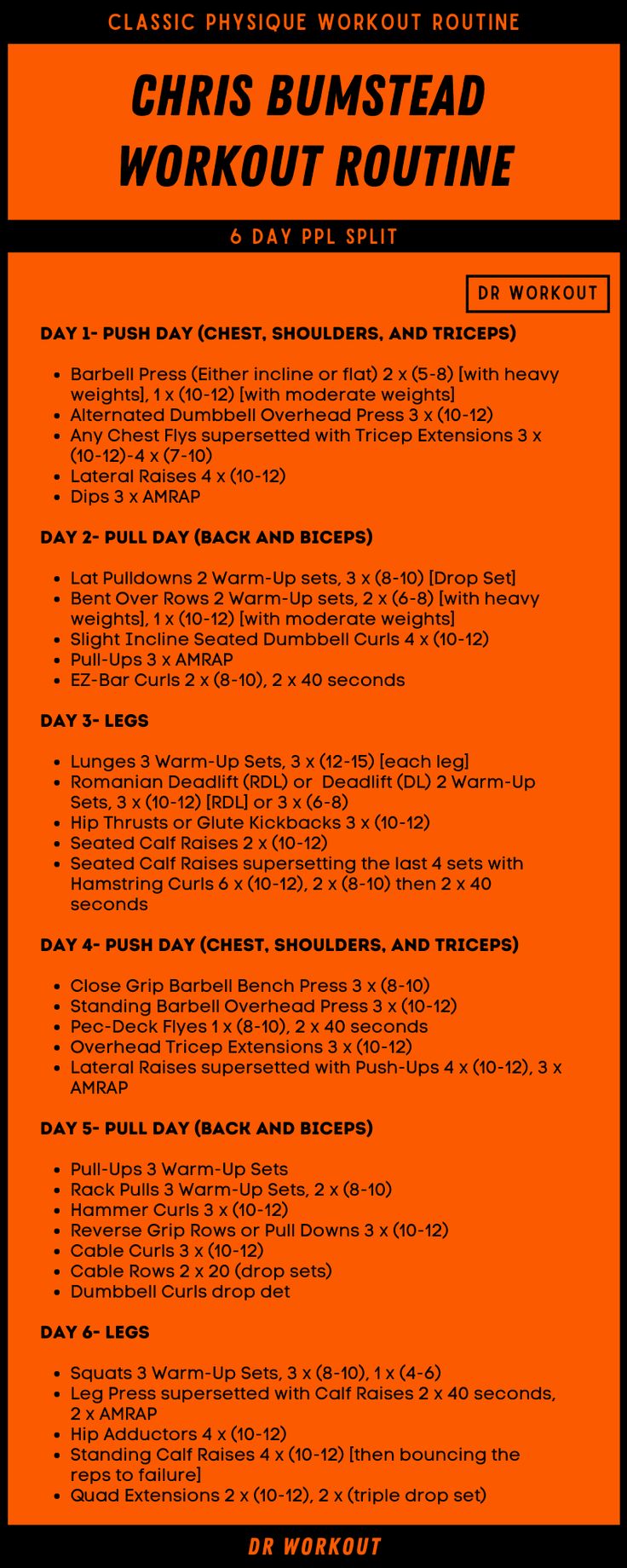 Chris Bumstead Workout Routine 6 Day Split Workout Men, Six Day Split Workout, Shred Gym Workout Plan, 6 Day Push Pull Workout Routine, Workout Routine To Gain Muscle, Lean And Fit Exercises, 6 Week Shred Workout Plans, Mens Weekly Workout Plans, Push Pull Legs 6 Day Split