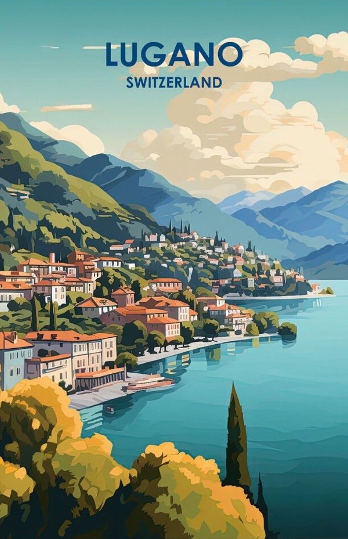 an image of a beautiful town on the water with mountains in the background and clouds above it