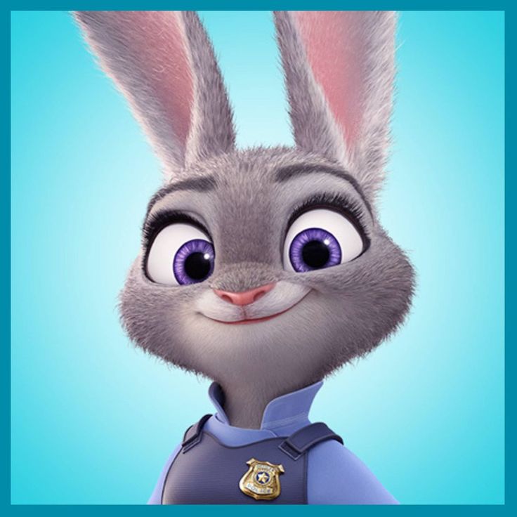 an animated rabbit with big blue eyes wearing a purple outfit and smiling at the camera