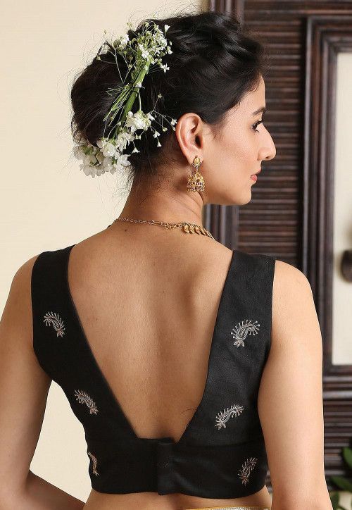 Embroidered Dupion Silk Blouse in Black Black Sleeveless Blouse Designs, Blouse Designs Front And Back Neck, Blouse Patterns Sleeveless, Sleevless Saree Blouse Back Designs, Blouse Patterns Back Side, Sleeveless Saree Blouse Designs Latest, Black Saree Blouse Ideas, Blouse Black Designs, Black Colour Blouse Designs