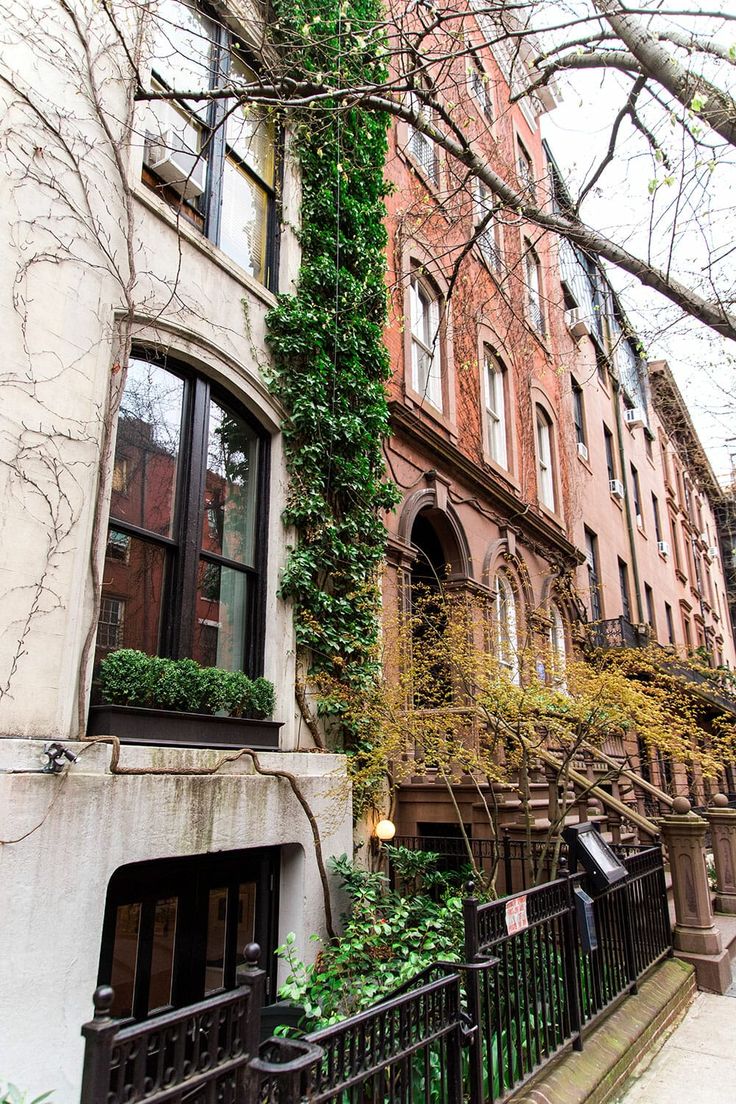 an apartment building with ivy growing up the side of it
