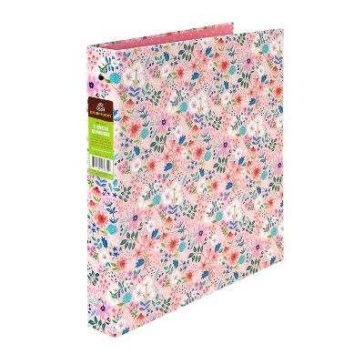a pink binder with floral print on the front and bottom, one side open